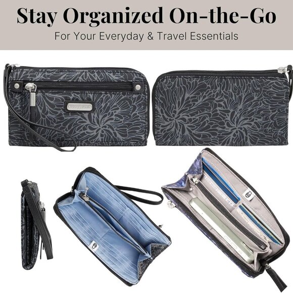 Women's RFID Zip Around Wallet Nylon Polyester Midnight Blossom Print - Picture 6 of 10